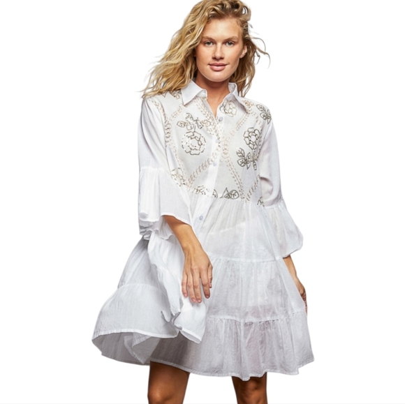 POL Dresses & Skirts - NS26. POL BOHEMIAN EMBROIDERED WITH SEQUINS COTTON NEUTRAL DRESS